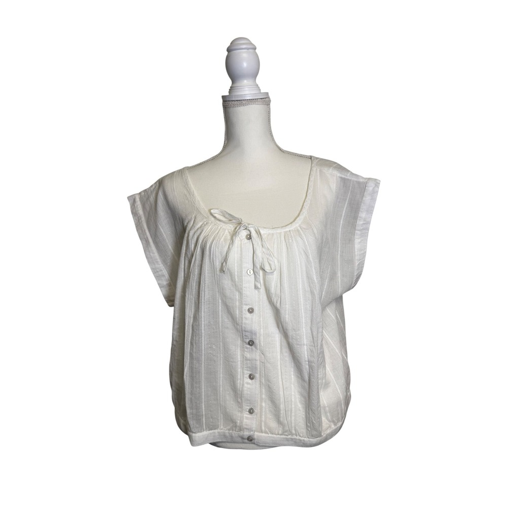 Lucky Brand Women's White Sheer Wide Short Sleeve Boxy Blouse with Bow Size XL